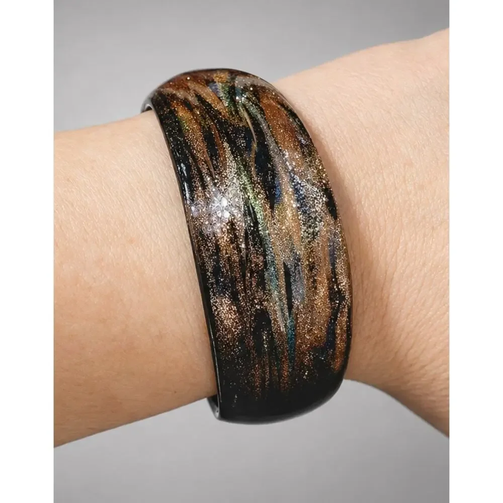 Vintage Sparkly Bronze Tones Glass Cuff Bracelet, Wide Statement Bracelet cfb